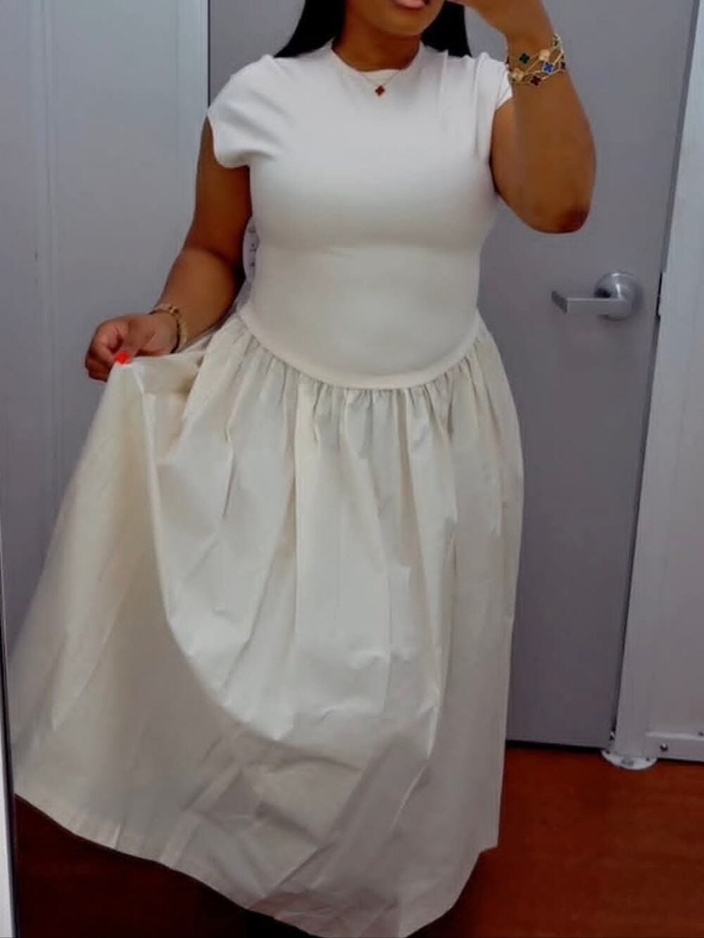 Elegant Cream Midi Dress with Gathered Skirt